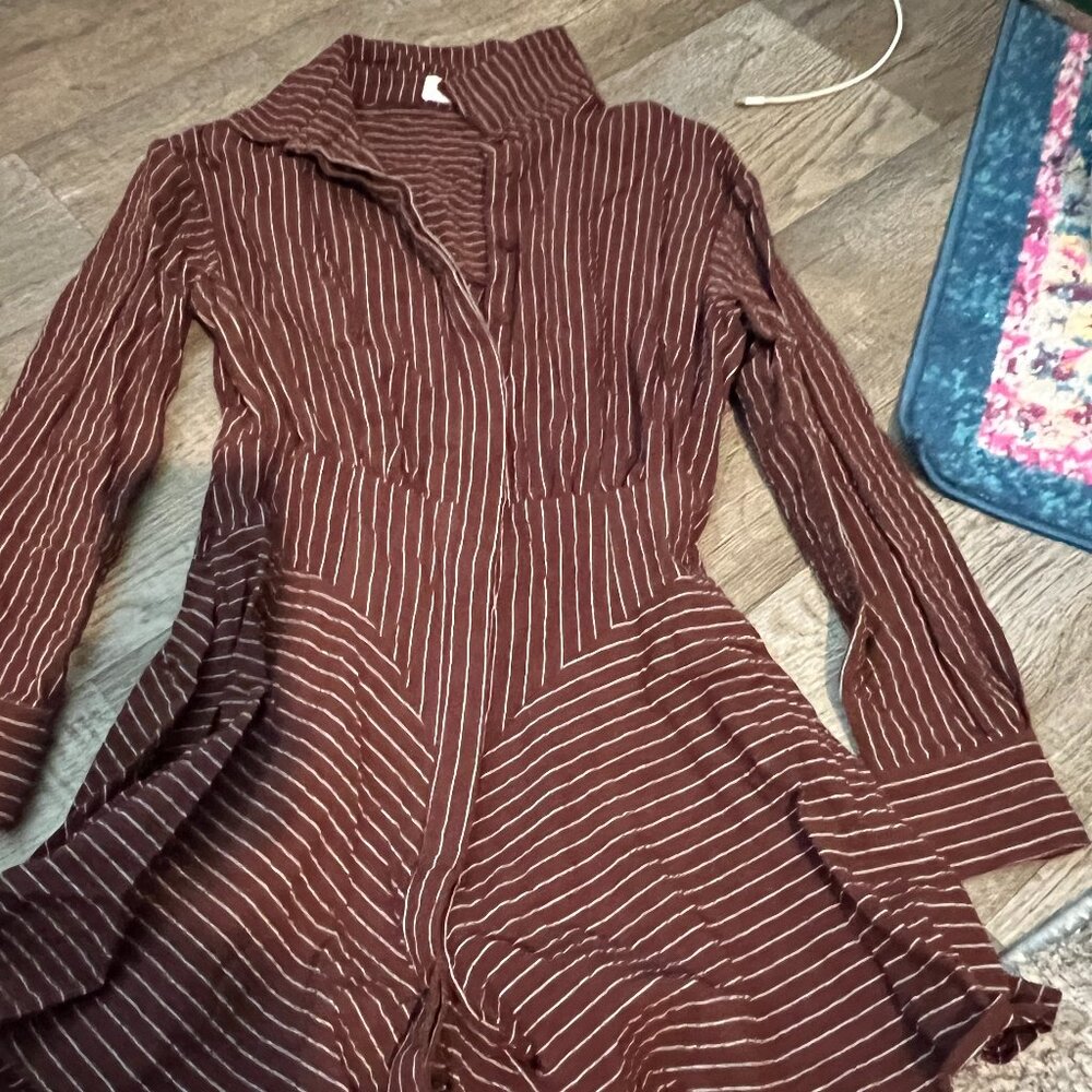 WHITNEY MINI DRESS - LINEN LOOK LONG SLEEVE SHIRT DRESS IN CHOCOLATE PINSTRIPE 2 - Picture 8 of 16